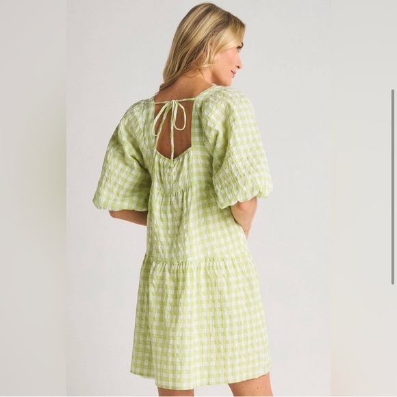 Lush Gingham Plaid Green Spring Dress Easter Jacquard Balloon Sleeve Large Lime - Picture 2 of 9